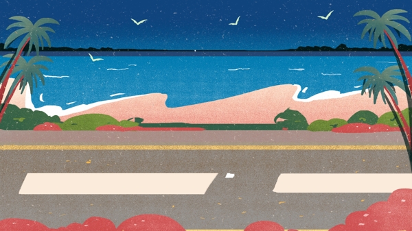 卡通清新海边公路背景设计