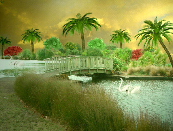 3D椰树小桥流水游鸭背景墙