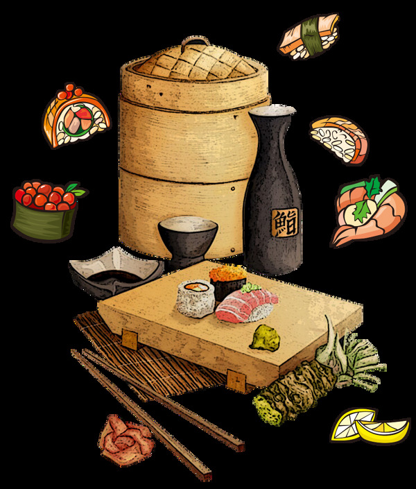 清新手绘日式料理美食装饰元素