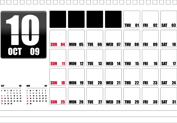 桌面日历2009十月可编辑的文本