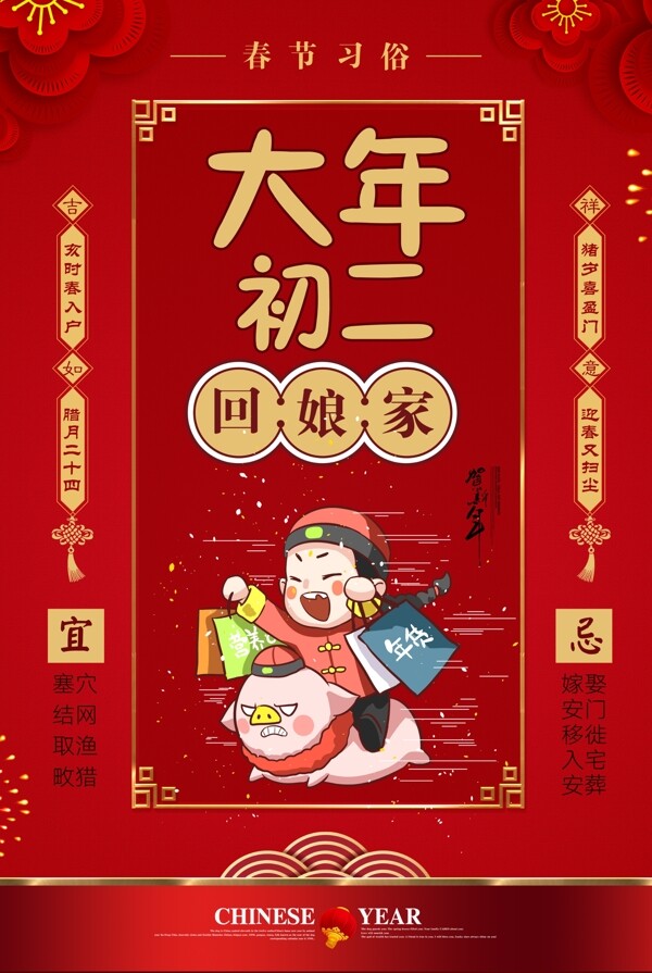 红色大气春节习俗大年初二海报