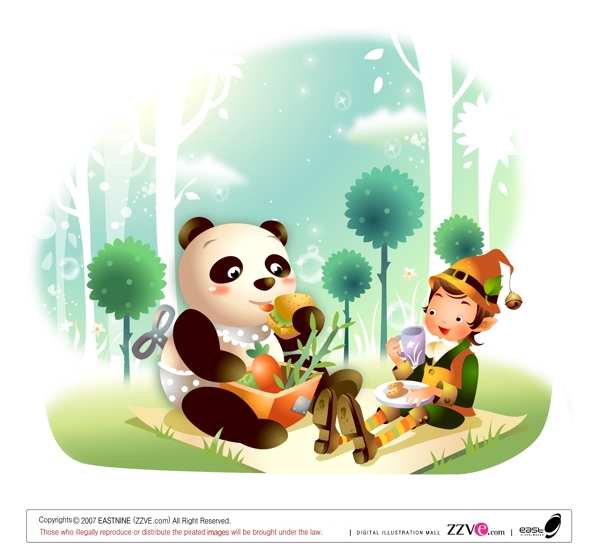 坐在草地上的熊猫跟女孩