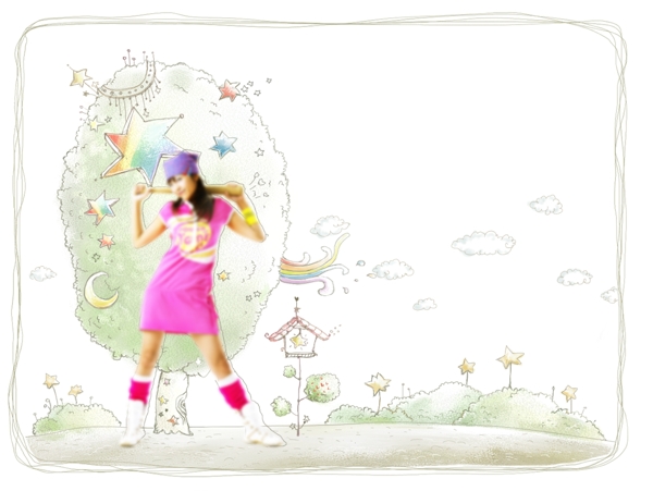 树木星形插画与美少女PSD分层素材