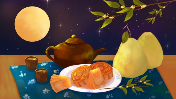 八月十五中秋节吃月饼手绘插画