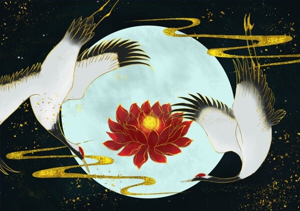 仙鹤花朵复古传统背景海报素材图片