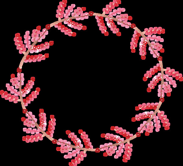 清新玫红色柳叶手绘花环装饰元素