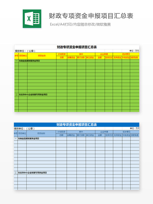财政专项资金申报项目汇总表Excel模板