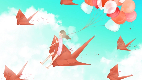 创意清新八月你好飞翔的千纸鹤与小女孩