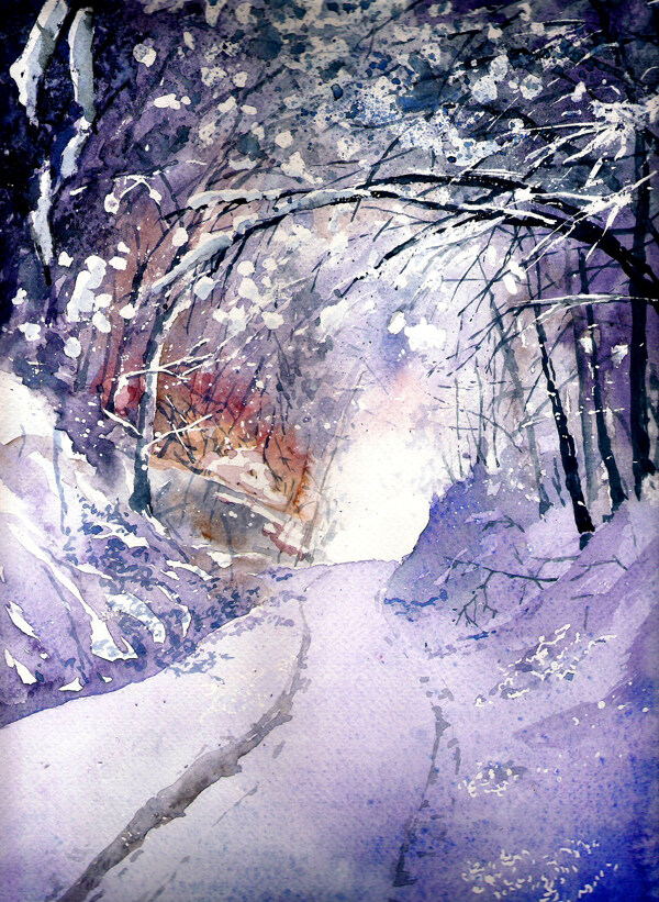 油画积雪的路图片