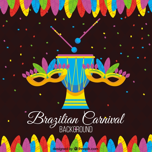 巴西狂欢节背景色彩斑斓的羽毛和面具