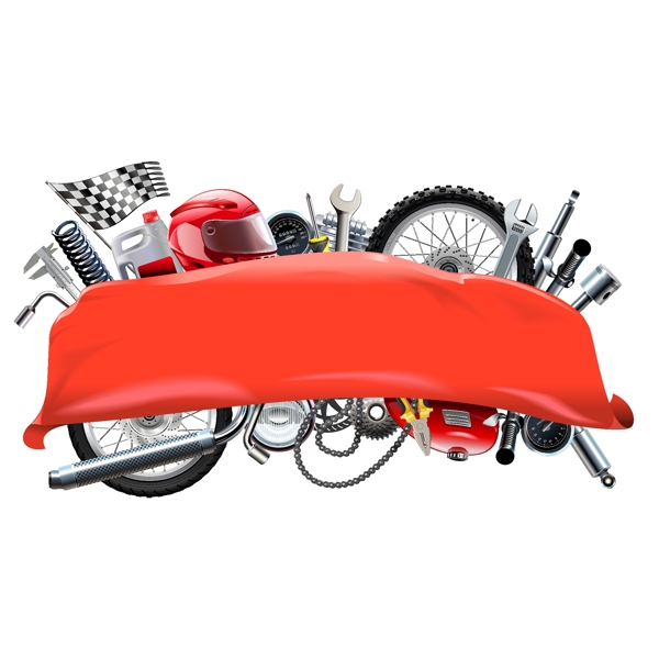 红色横幅遮挡的摩托车修理工具