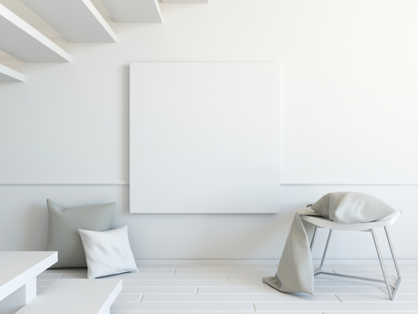 凳子枕头与墙上空白无框画高清图片