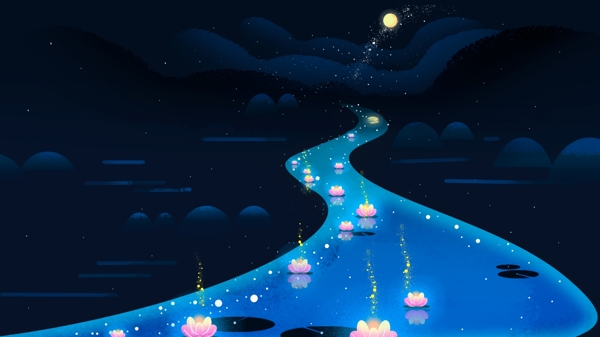 中元节唯美蓝色莲灯道路背景素材