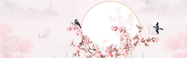 粉色花朵小鸟banner背景素材