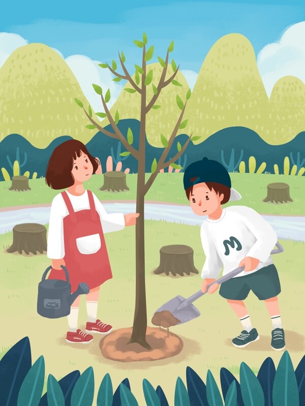 保护生态环境卡通学生种树植树小清新插画