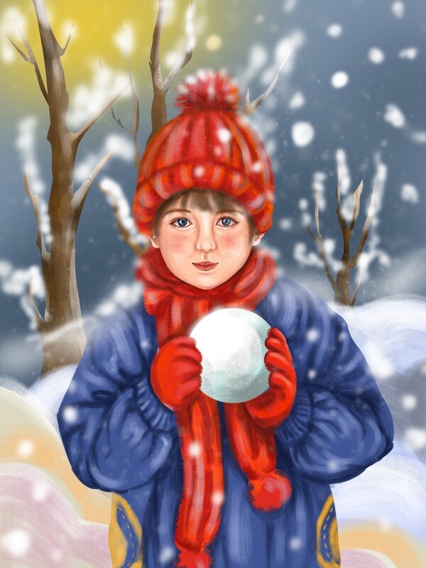 冬天你好雪花雪球雪地寒冷帽子围巾小孩季节