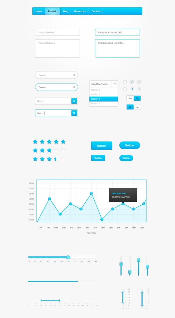 一套蓝色的网页GUI元素PSD素材