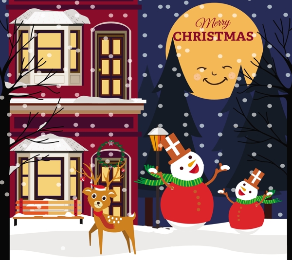 圣诞节海报风格的月亮雪人驯鹿图标装饰品