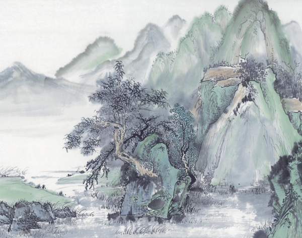 国画山水苍翠青山上的松树图片