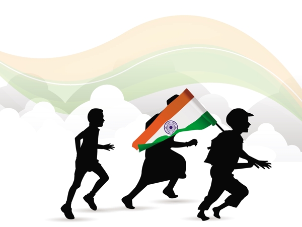 孩子们在印度挥舞旗帜背景剪影