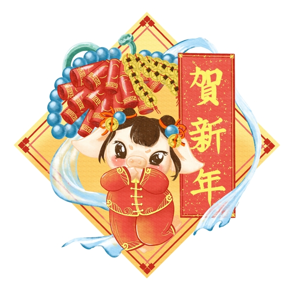猪年春节新年喜庆原创手绘2019迎新春生肖猪