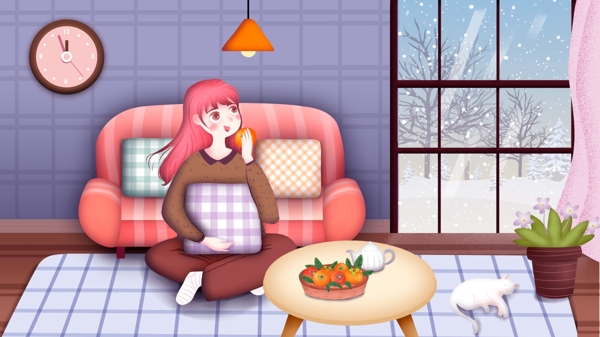冬季小雪室内女孩休息插画