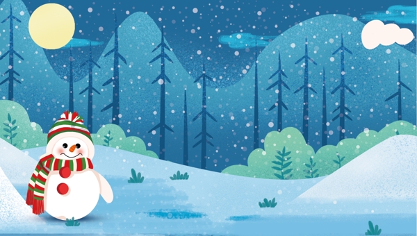 蓝色卡通风圣诞树雪人背景
