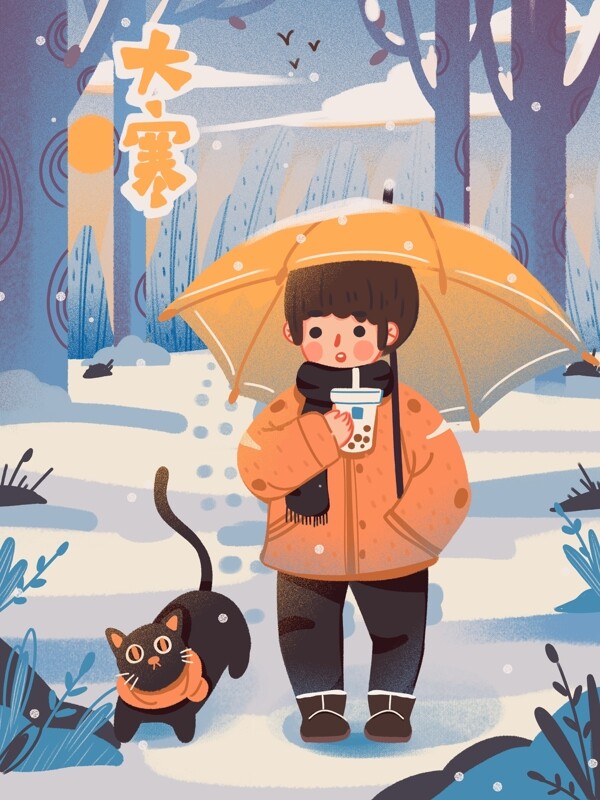 治愈节气大寒在雪地里喝着热饮和猫猫散步
