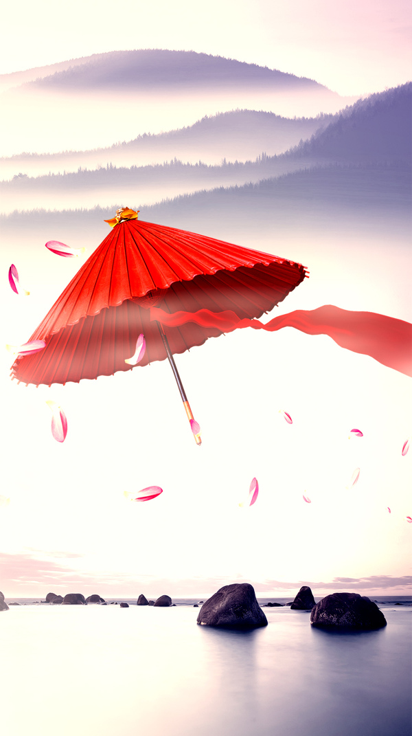 红色雨伞花瓣H5背景素材