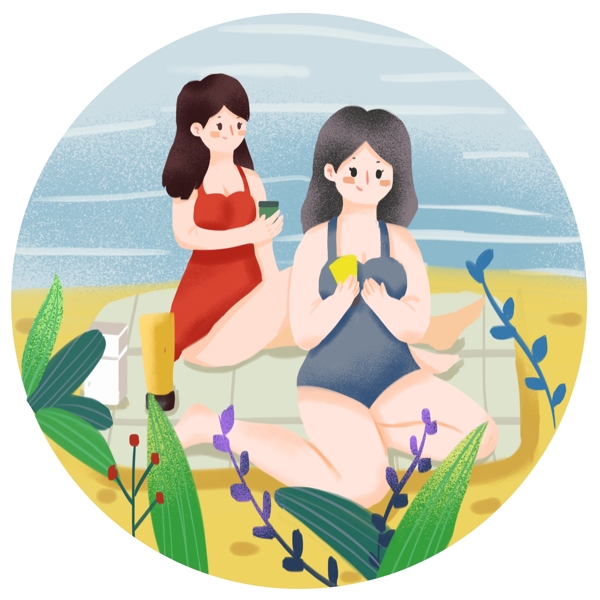 美容蓝色海滩日光浴插画元素