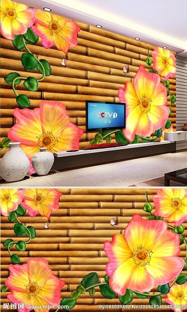 手绘花卉木材贴图背景墙