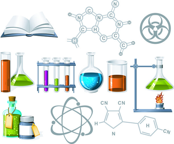 化学实验器皿以及书籍分子式素材