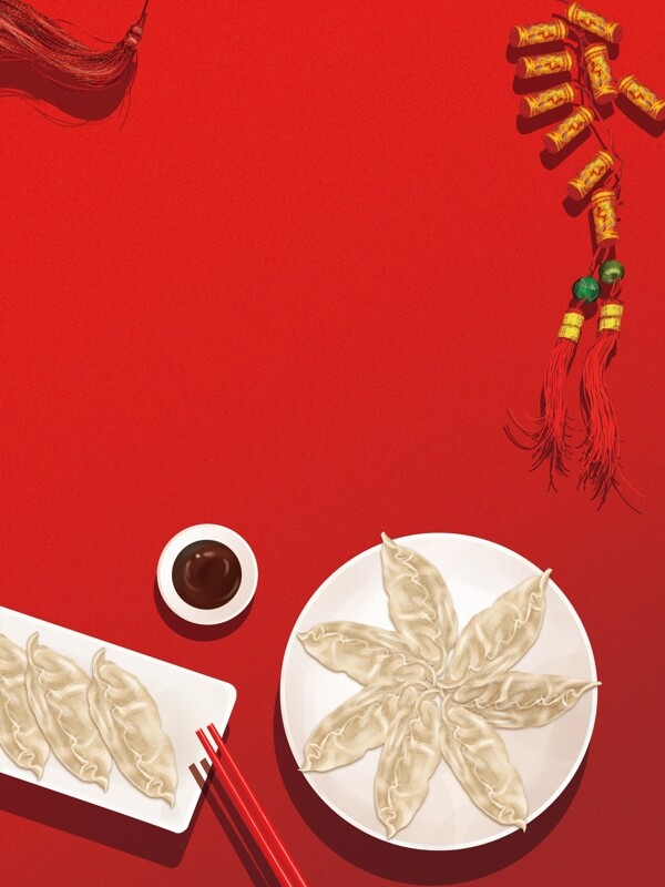 手绘冬至吃饺子红色背景