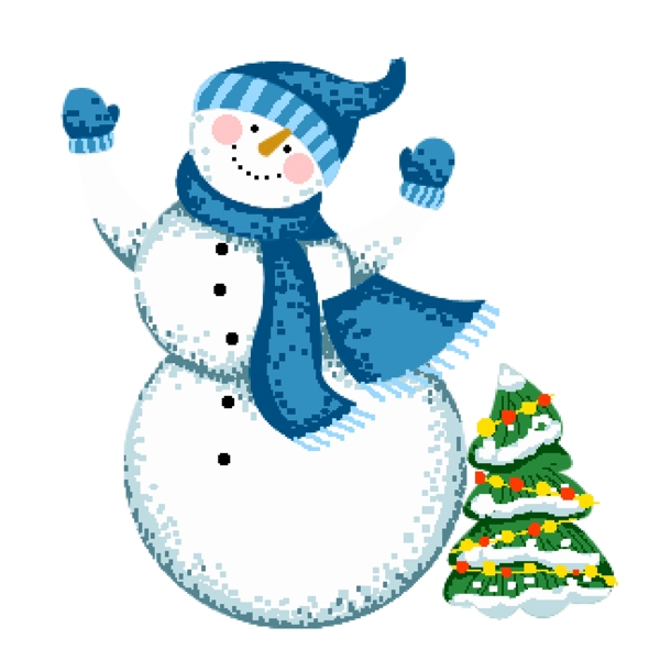 手绘卡通三个圆球堆成的戴蓝色帽子的雪人