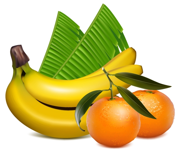水果逼真香蕉橘子绿叶橙子