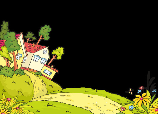 卡通绿色草坪绿树小屋png元素