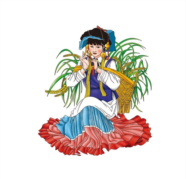 卡通民族女人水稻图