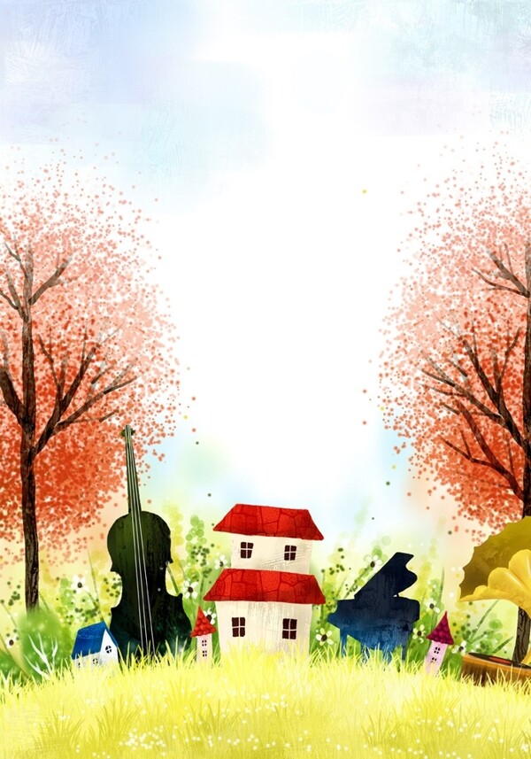 手绘草地上的房屋乐器风景插画图片