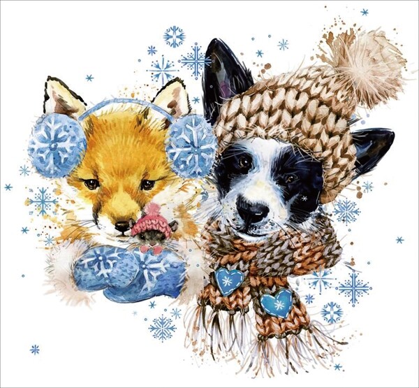狗狐狸手绘围巾毛球雪