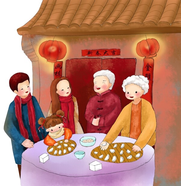 手绘插画卡通全家过年吃饺子