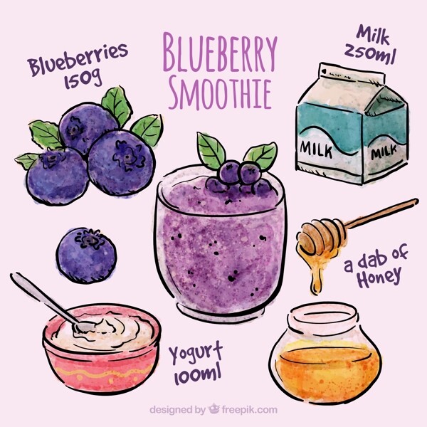 可爱手绘蓝莓奶昔食谱矢量图图片