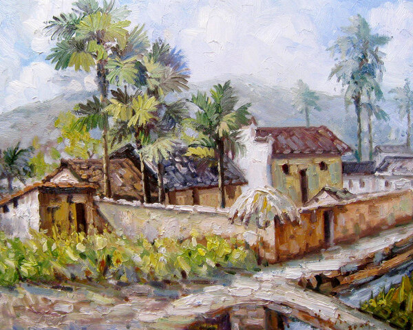 村庄油画图片