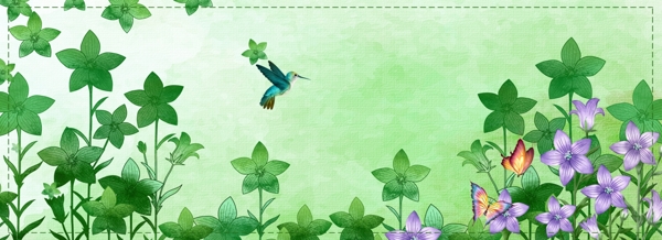 绿色手绘植物花朵banner背景