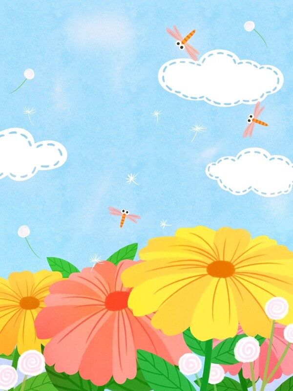 手绘蓝天下的花丛儿童日背景素材