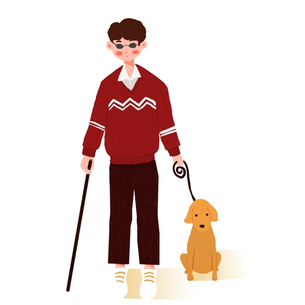 彩绘复古盲人男孩和导盲犬设计可商用元素