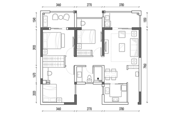 小三房户型CAD平面图