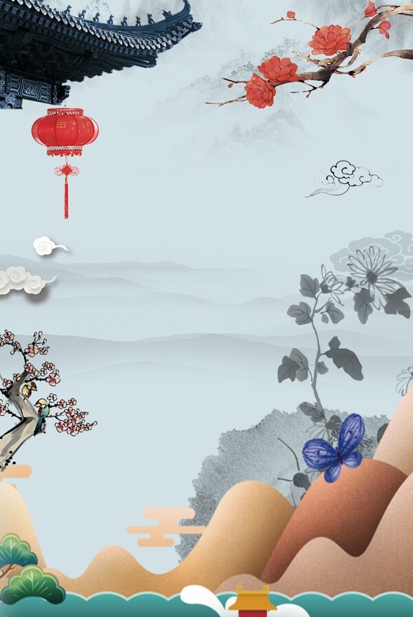 莫兰迪中国风屋檐灯笼花朵山海报