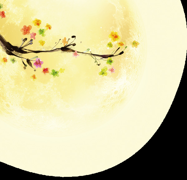 黄色花枝圆月中秋元素