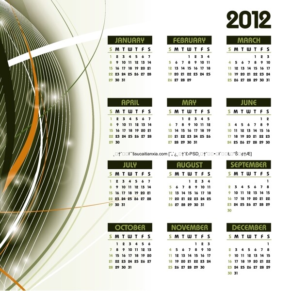 2012新年优美弧线日历矢量素材