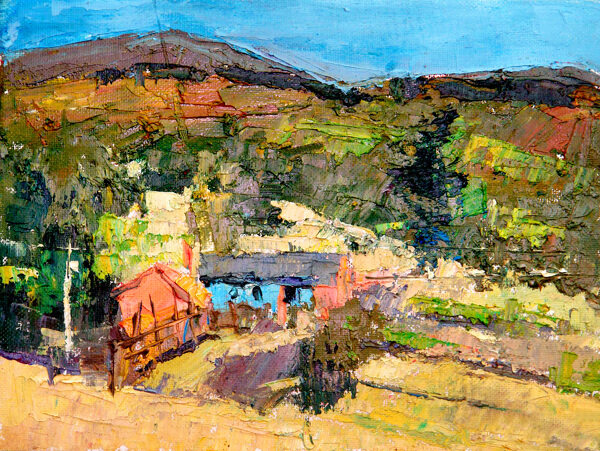 山下的小屋风景油画图片